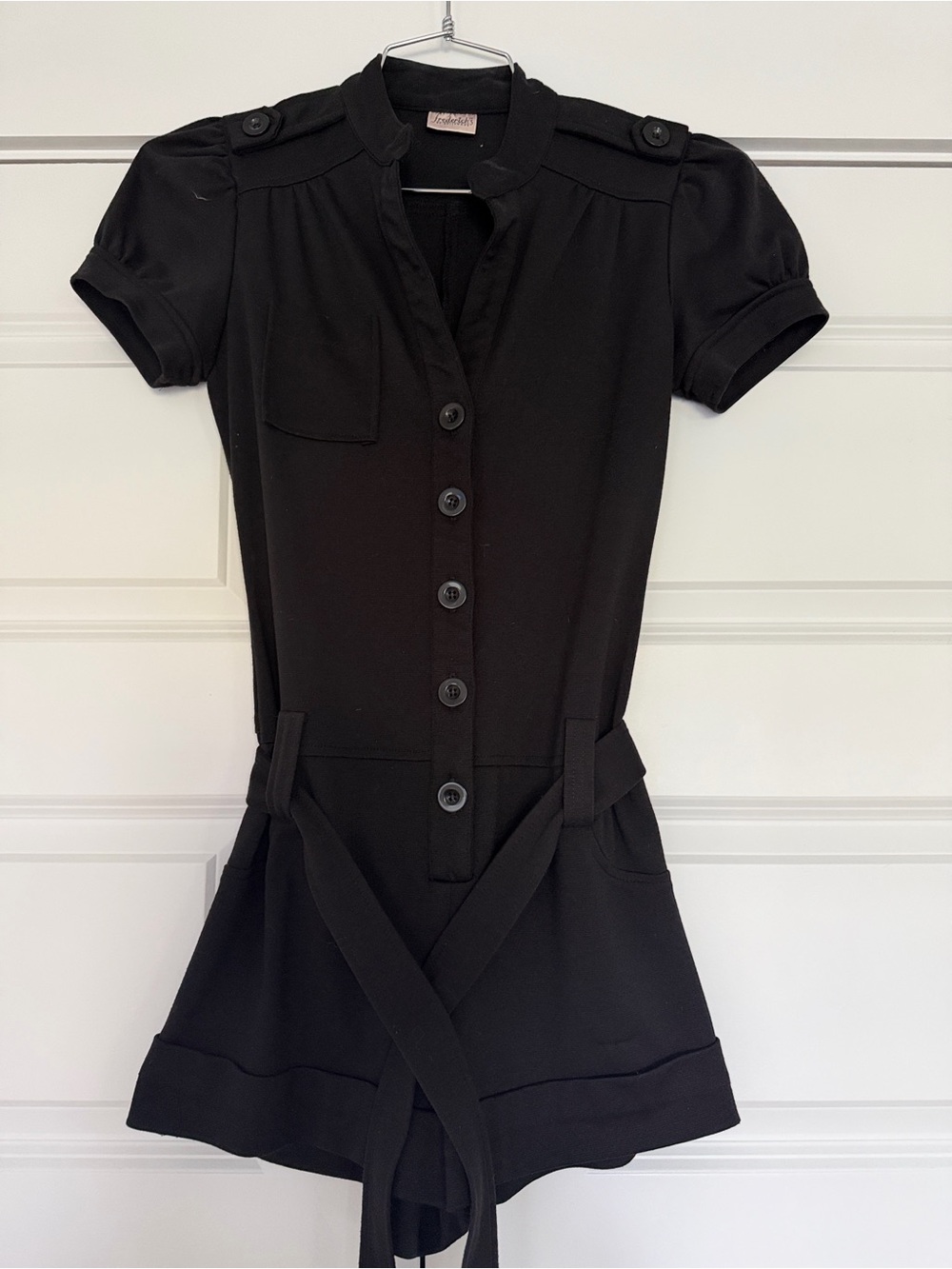 Fredericks of Hollywood Black Button-Front Short Sleeve Romper with Waist Tie